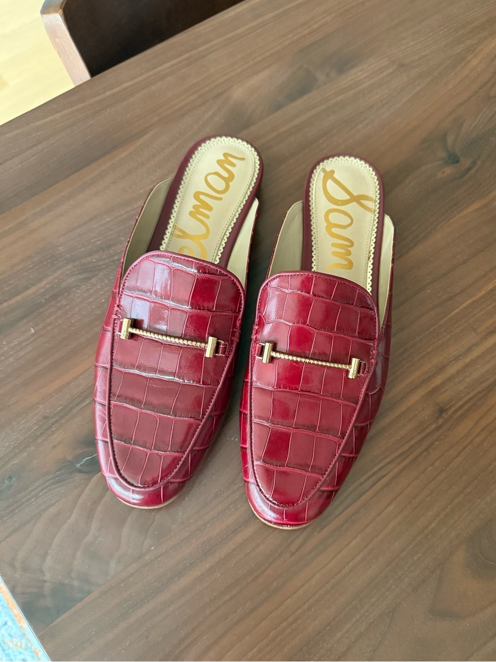 Sam Edelman Burgundy Croc-Embossed Slip-On Mules with Gold Hardware